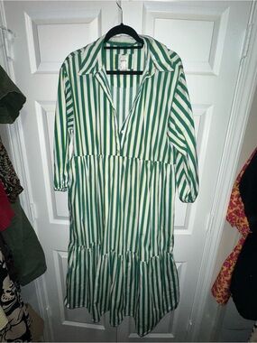 Anthropologie Green and White Vertical-Stripe Tiered Shirt Dress
